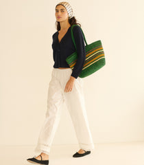 HARBOUR TOTE -- GREEN STRIPED RAFFIA