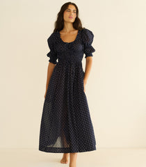 ISCHIA DRESS -- NAVY FLOCK DOT