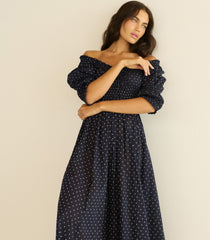 ISCHIA DRESS -- NAVY FLOCK DOT